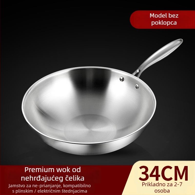 Wok od nehrđajućeg čelika s nelepljivom površinom, s jednim dnom, dubina 10 cm, kompatibilan s indukcijskim i plinskim pločama
