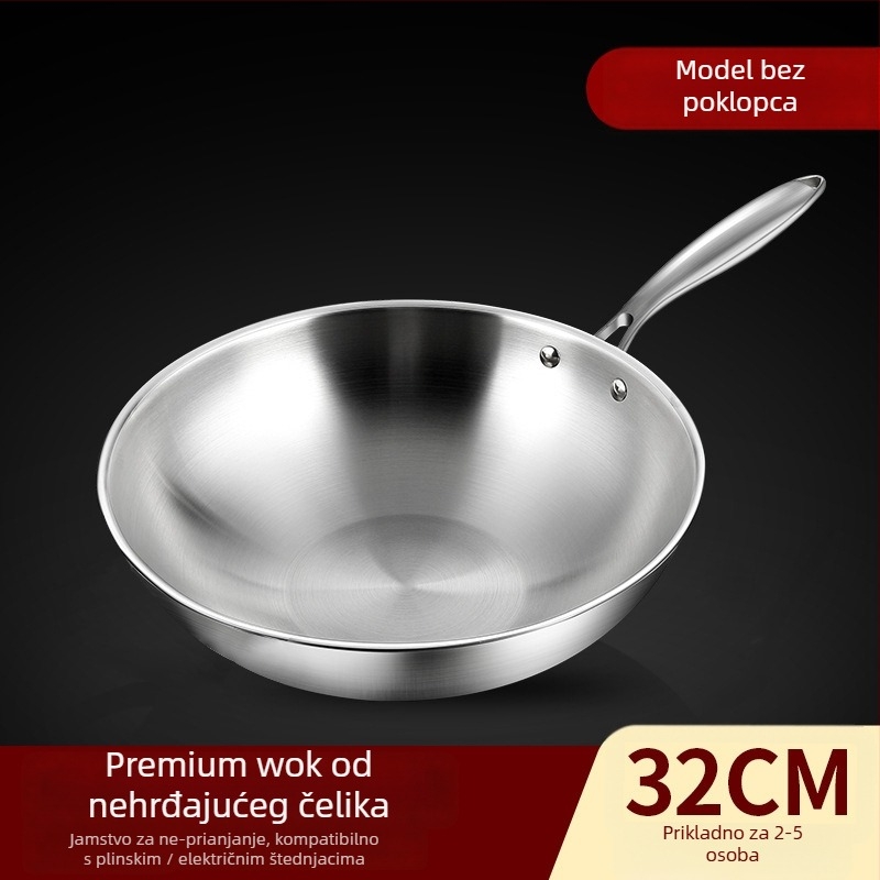 Wok od nehrđajućeg čelika s nelepljivom površinom, s jednim dnom, dubina 10 cm, kompatibilan s indukcijskim i plinskim pločama