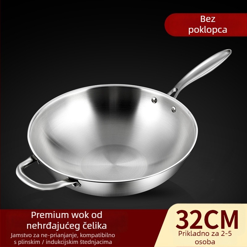 Wok od nehrđajućeg čelika s nelepljivom površinom, s jednim dnom, dubina 10 cm, kompatibilan s indukcijskim i plinskim pločama