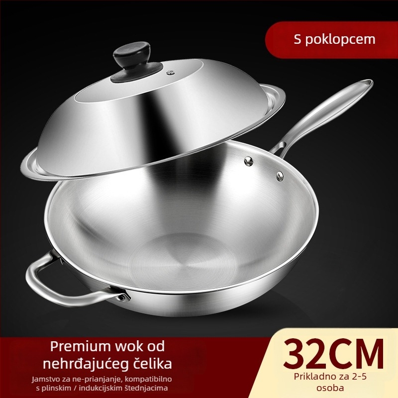 Wok od nehrđajućeg čelika s nelepljivom površinom, s jednim dnom, dubina 10 cm, kompatibilan s indukcijskim i plinskim pločama