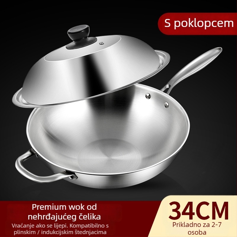 Wok od nehrđajućeg čelika s nelepljivom površinom, s jednim dnom, dubina 10 cm, kompatibilan s indukcijskim i plinskim pločama