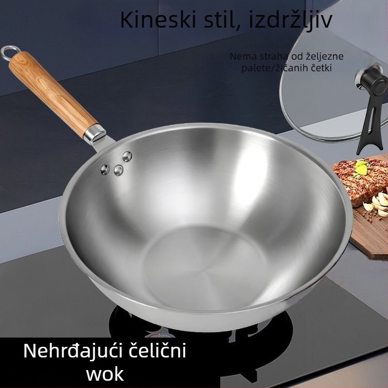 Wok lonac od 410 inox čelika, stakleni poklopac, kompatibilan s univerzalnim pločama, težina 1,2 kg