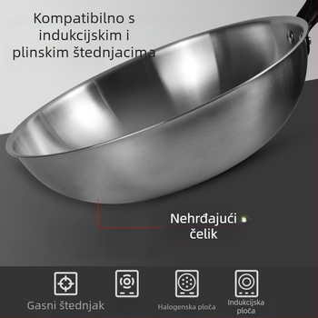 Wok od nehrđajućeg čelika, bez premaza, s staklenim poklopcem, kompatibilan s plinskim i indukcijskim štednjakom, dubina 10 cm, težina 1,2 kg, model 30-34