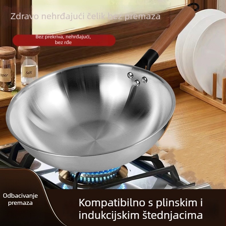 Wok od nehrđajućeg čelika, bez premaza, s staklenim poklopcem, kompatibilan s plinskim i indukcijskim štednjakom, dubina 10 cm, težina 1,2 kg, model 30-34