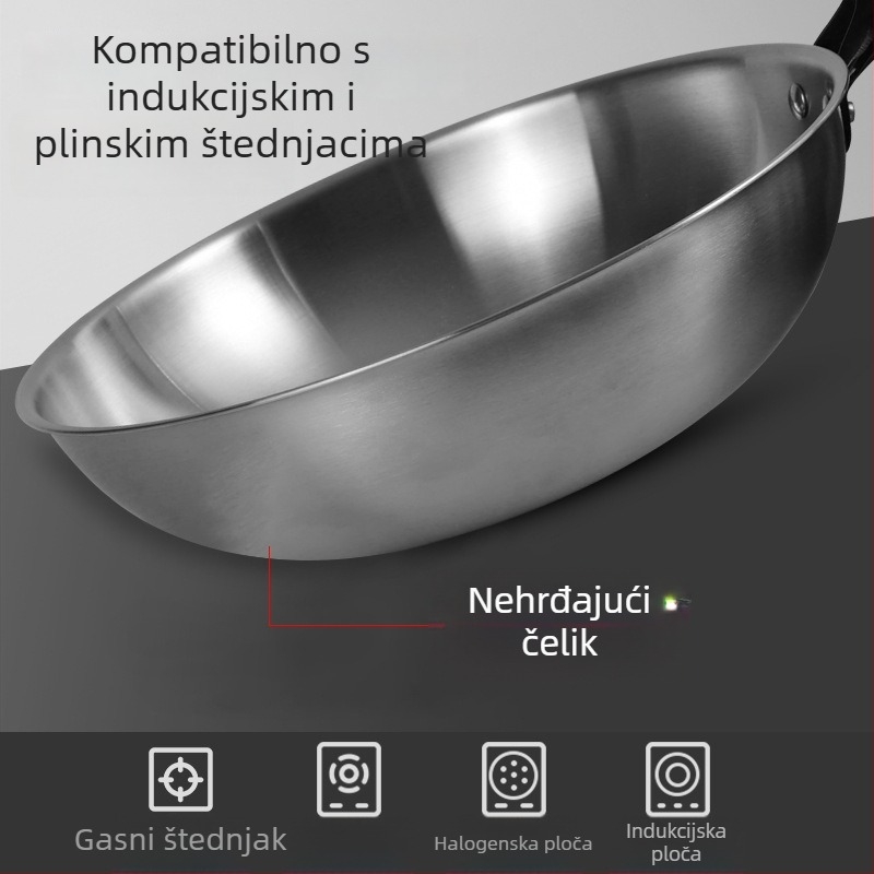 Wok od nehrđajućeg čelika, bez premaza, s staklenim poklopcem, kompatibilan s plinskim i indukcijskim štednjakom, dubina 10 cm, težina 1,2 kg, model 30-34
