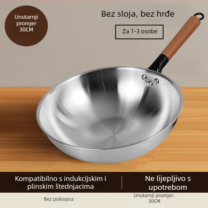 Wok od nehrđajućeg čelika, bez premaza, s staklenim poklopcem, kompatibilan s plinskim i indukcijskim štednjakom, dubina 10 cm, težina 1,2 kg, model 30-34