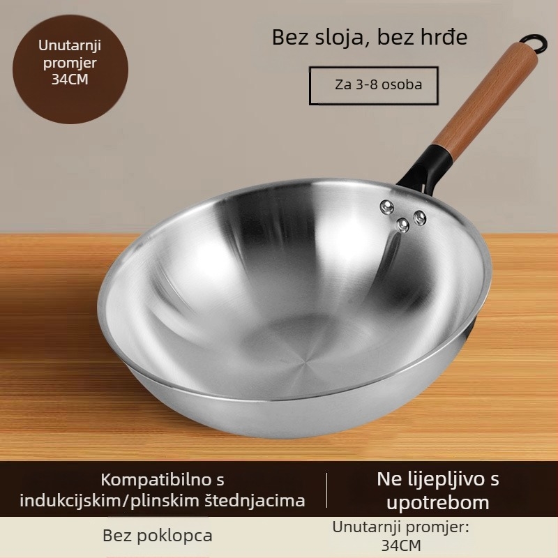 Wok od nehrđajućeg čelika, bez premaza, s staklenim poklopcem, kompatibilan s plinskim i indukcijskim štednjakom, dubina 10 cm, težina 1,2 kg, model 30-34