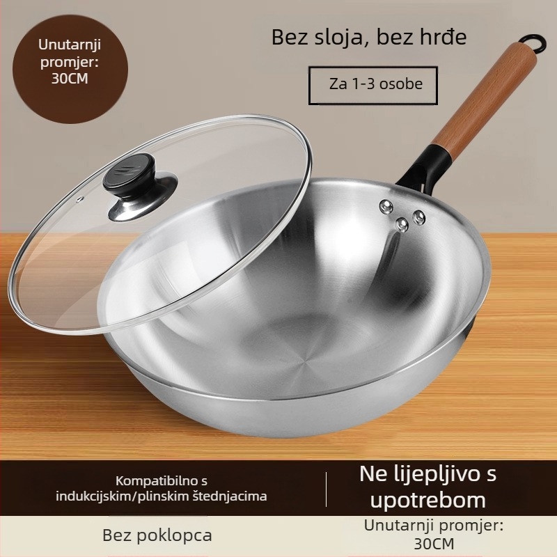 Wok od nehrđajućeg čelika, bez premaza, s staklenim poklopcem, kompatibilan s plinskim i indukcijskim štednjakom, dubina 10 cm, težina 1,2 kg, model 30-34