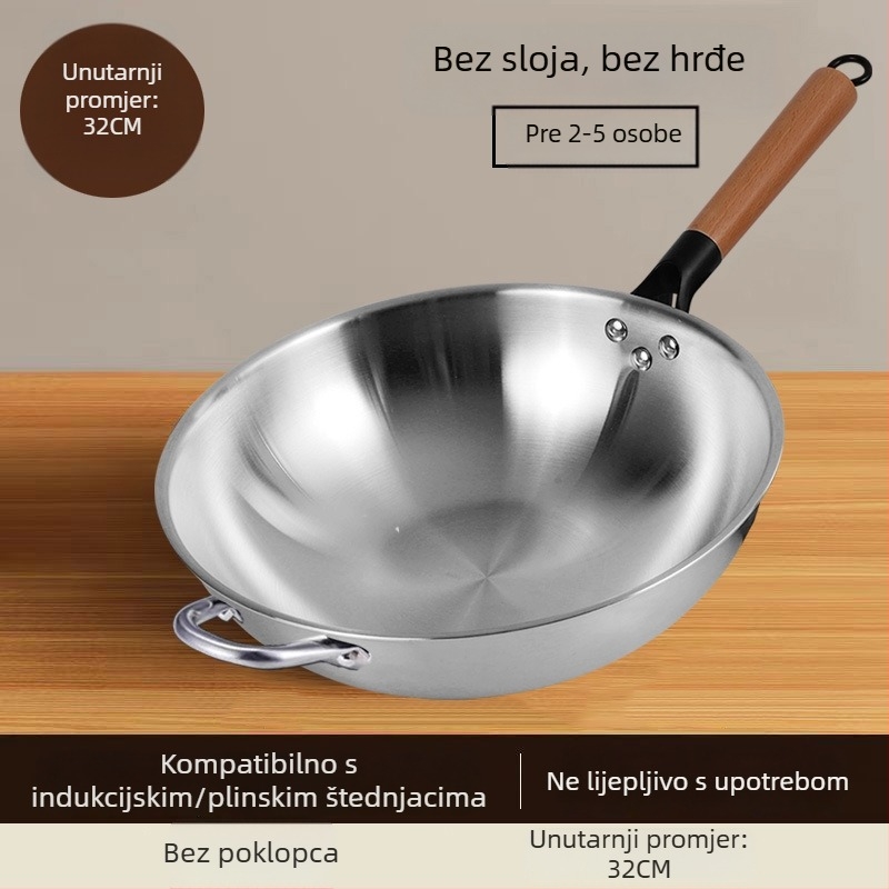 Wok od nehrđajućeg čelika, bez premaza, s staklenim poklopcem, kompatibilan s plinskim i indukcijskim štednjakom, dubina 10 cm, težina 1,2 kg, model 30-34