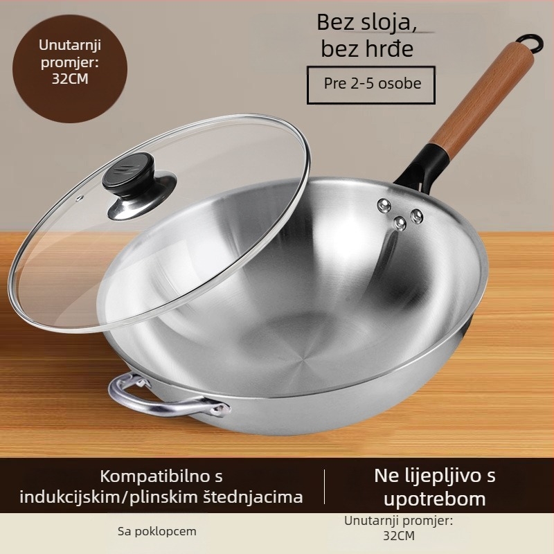 Wok od nehrđajućeg čelika, bez premaza, s staklenim poklopcem, kompatibilan s plinskim i indukcijskim štednjakom, dubina 10 cm, težina 1,2 kg, model 30-34
