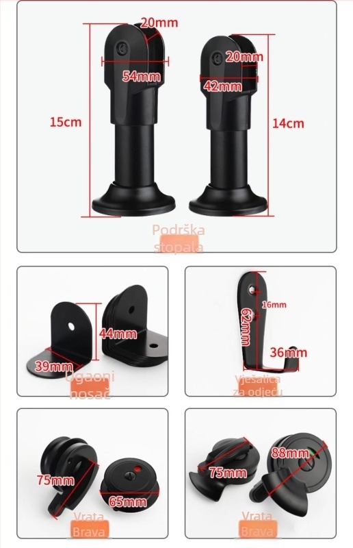 Set hardvera za pregrade javne WC – nehrđajući čelik, plastika, najlon; šarke, brava s indikatorom, ručica