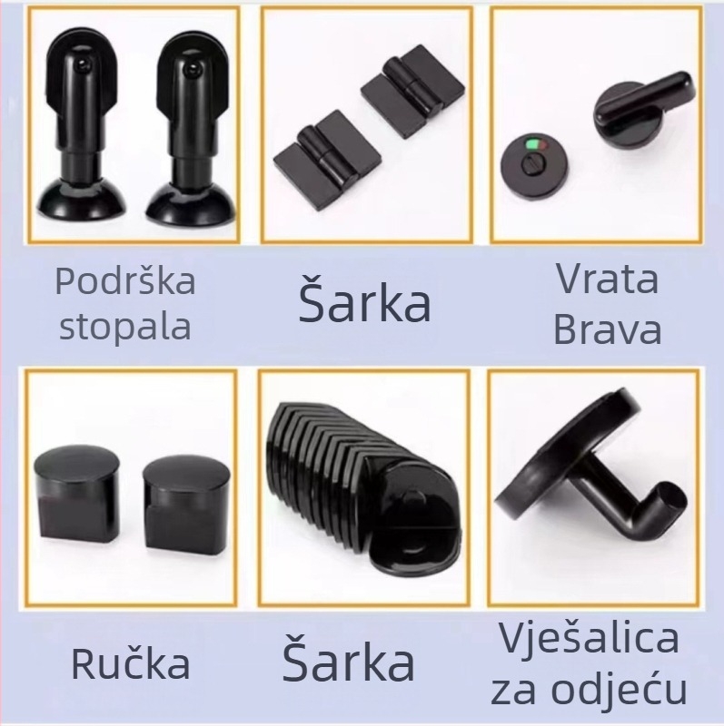 Set hardvera za pregrade javne WC – nehrđajući čelik, plastika, najlon; šarke, brava s indikatorom, ručica