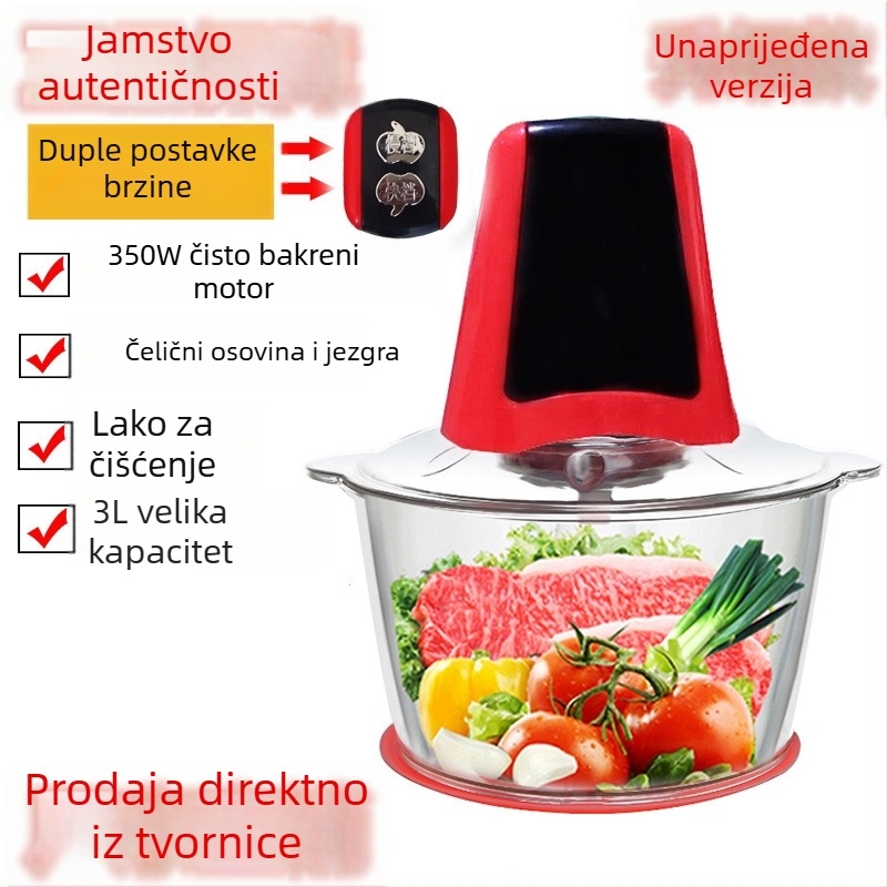 Električni kuhinjski stroj višenamjenski: mljevenje mesa, prerada sokova, miješanje; 2 brzine, 5000 rpm, kućište od PP i nehrđajućeg čelika, prilagodba obrade