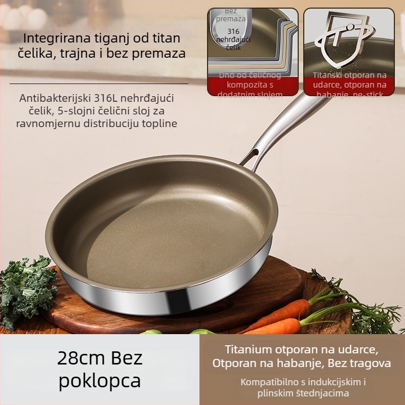 Tiganj za prženje bez premaza od nehrđajućega čelika 316L, višeslojno dno, kompatibilan s indukcijskim i plinskim pločama, stakleni poklopac