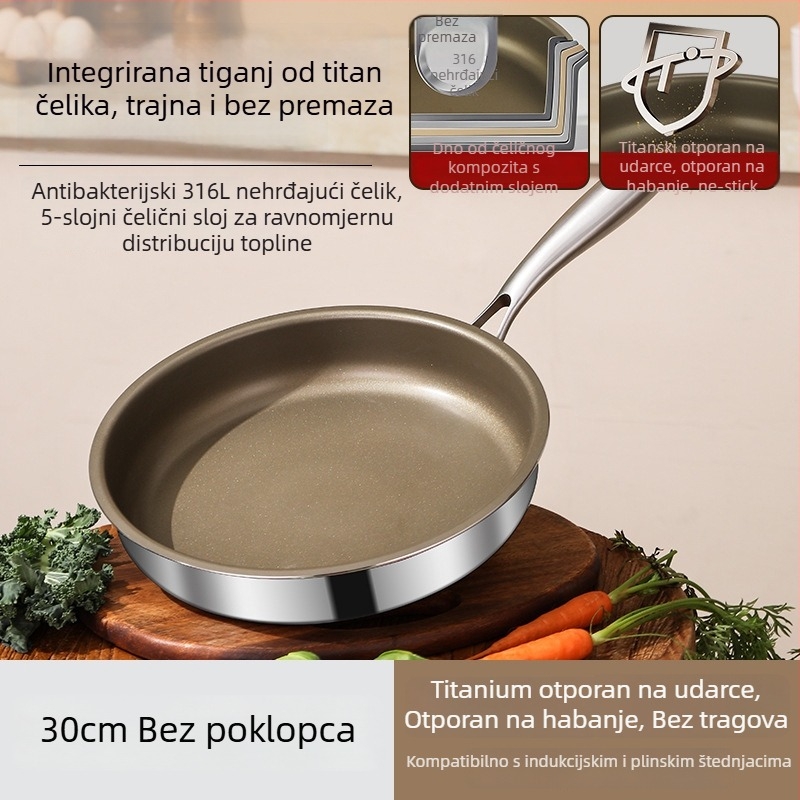 Tiganj za prženje bez premaza od nehrđajućega čelika 316L, višeslojno dno, kompatibilan s indukcijskim i plinskim pločama, stakleni poklopac