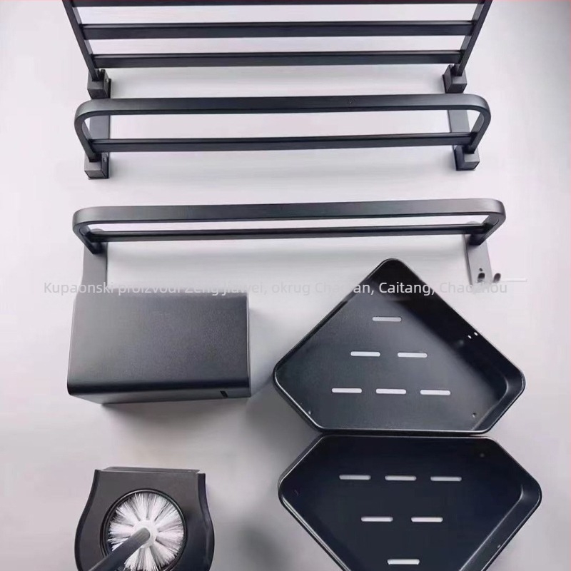 Kupaonički petodijelni set: stalak za ručnike i nosač toaletnog papira, od ugljičnog čelika, s premazom sprejom, jednostruki dizajn, nosivost 20 kg