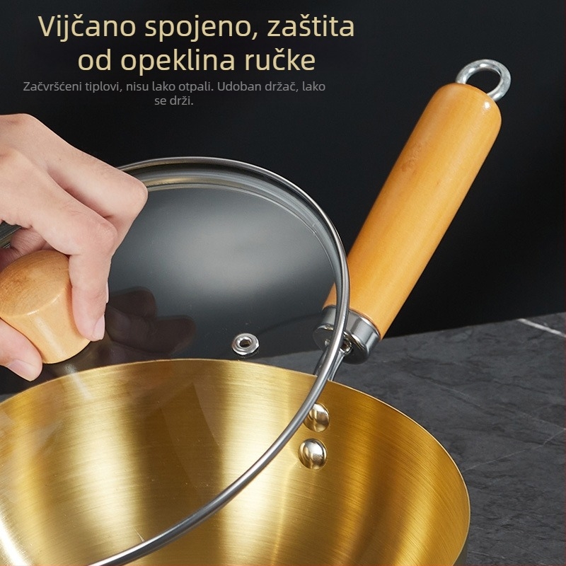 Wok od nehrđajućeg čelika 430, bez premazivanja, s jednim dnom i staklenim poklopcem