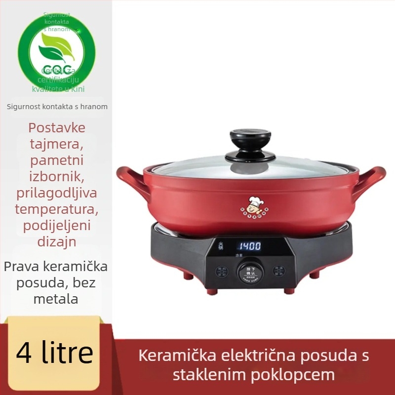 Keramički električni lonac sa satom, kapacitet 3–4 L, snaga 1200–1500 W, funkcije: para, prženje, kuhanje, dinstanje