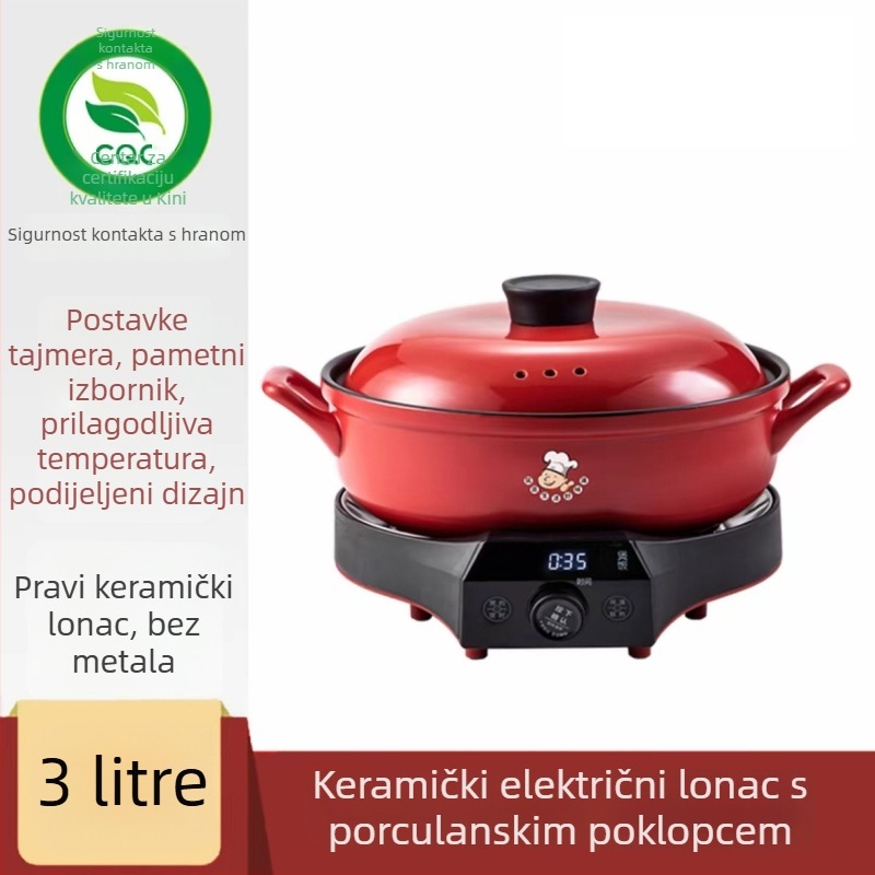 Keramički električni lonac sa satom, kapacitet 3–4 L, snaga 1200–1500 W, funkcije: para, prženje, kuhanje, dinstanje