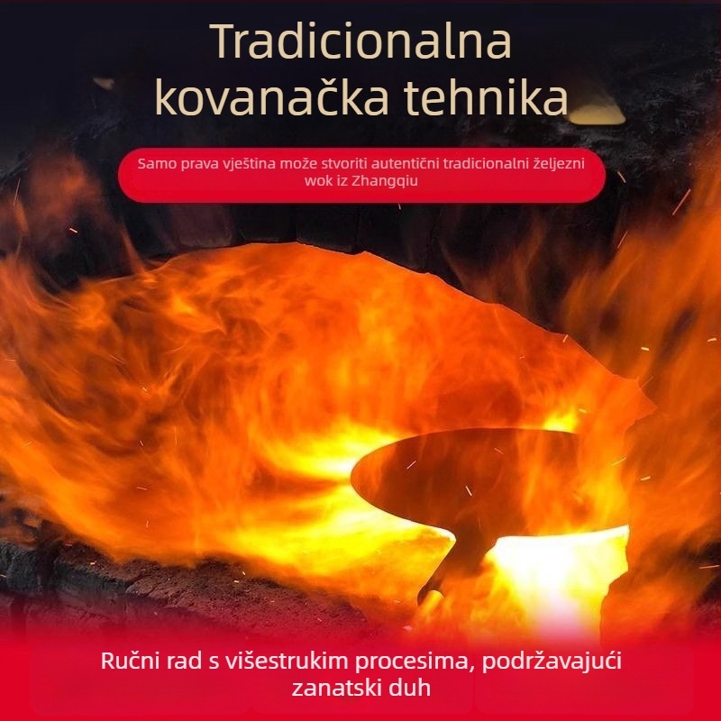 Wok od kovanog željeza, bez premaza, pogodan za indukciju, model s ljuskama ribe, s jednim dnom