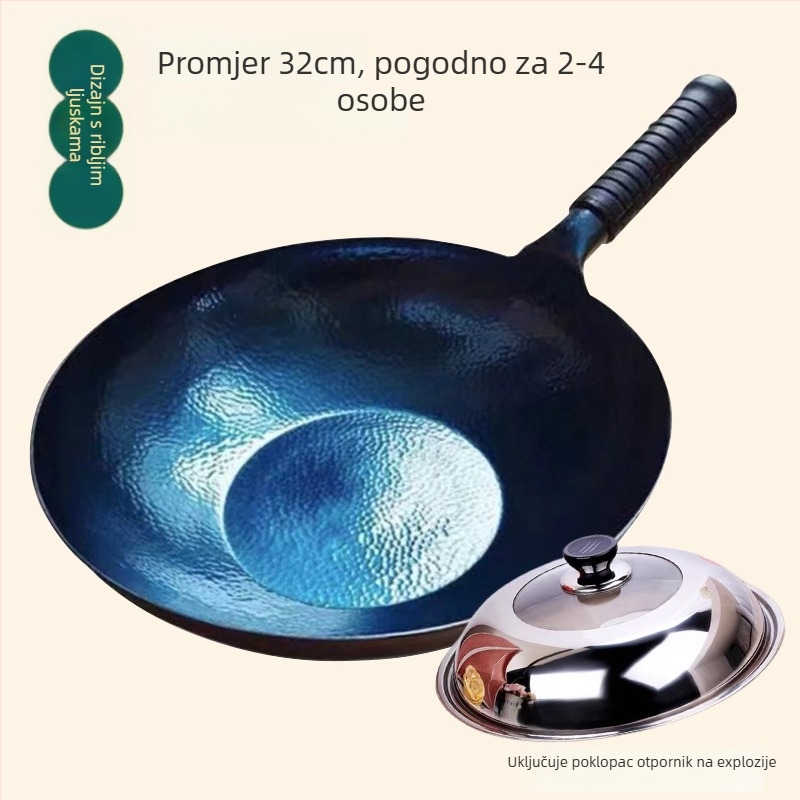 Wok od kovanog željeza, bez premaza, pogodan za indukciju, model s ljuskama ribe, s jednim dnom