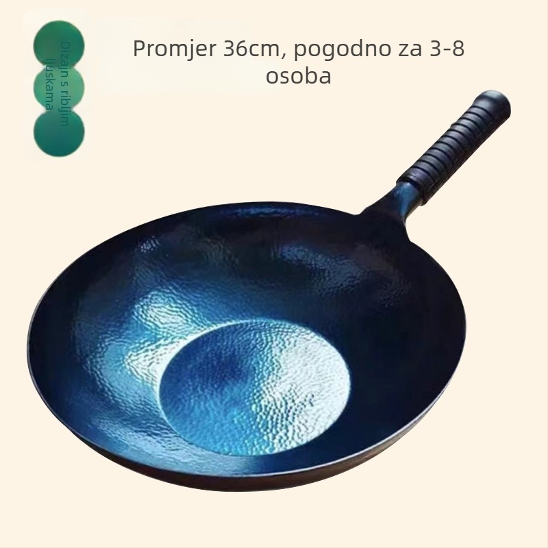 Wok od kovanog željeza, bez premaza, pogodan za indukciju, model s ljuskama ribe, s jednim dnom