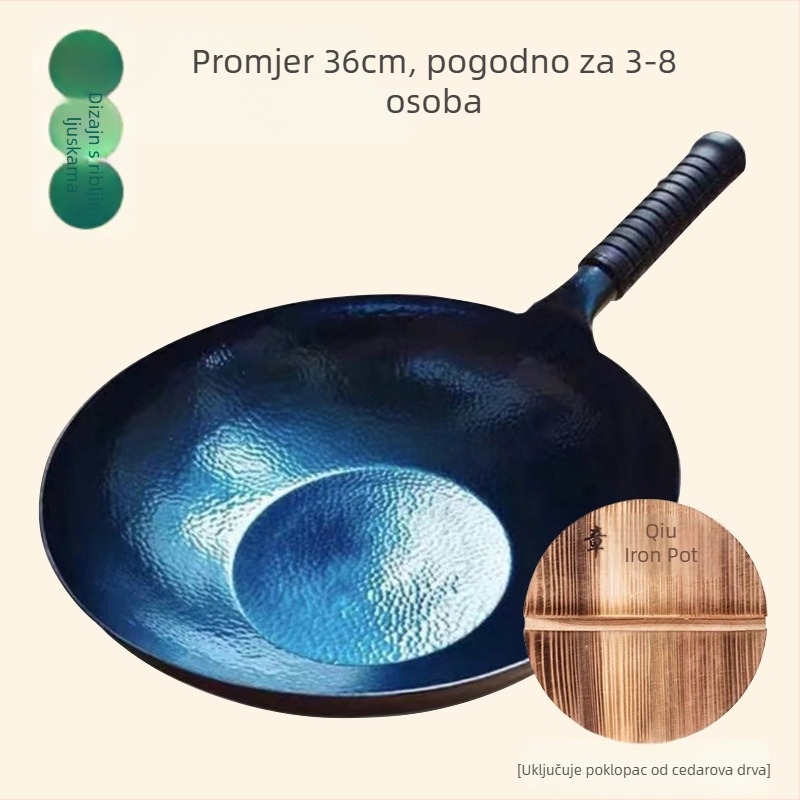 Wok od kovanog željeza, bez premaza, pogodan za indukciju, model s ljuskama ribe, s jednim dnom