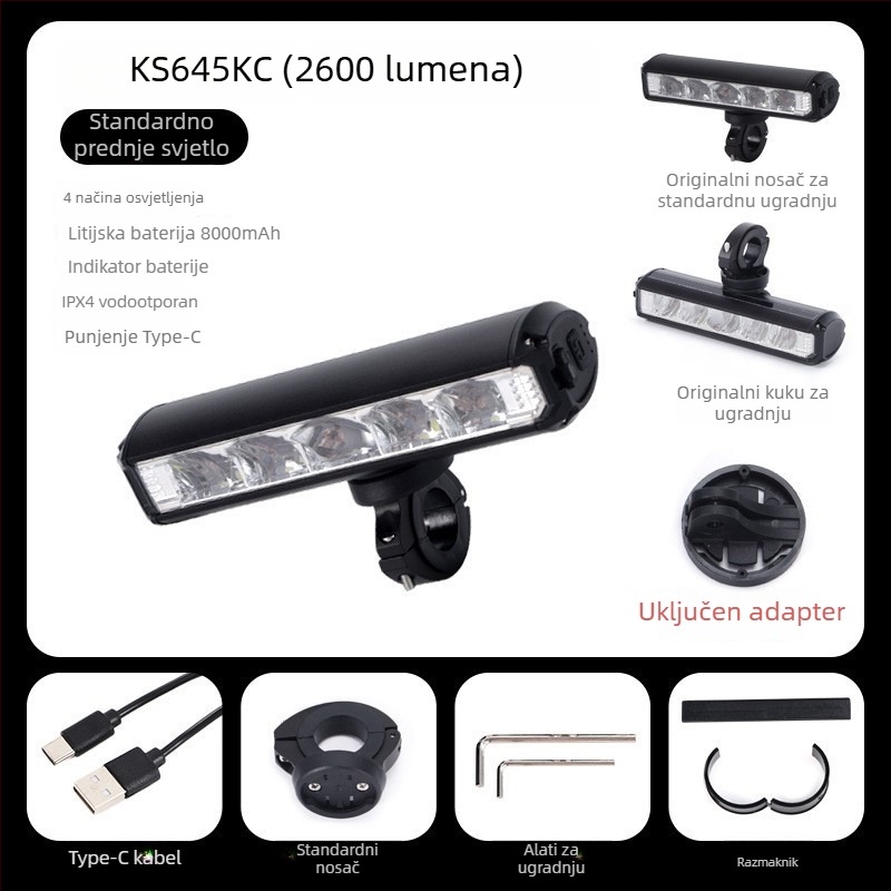 Prednje svjetlo za bicikl za noćnu vožnju: visoka svjetlost, vodootporno, USB-C punjenje, punjivo, podesiva snop za planinske i cestovne bicikle (USB-C punjenje, podesiva snop, montaža visećim držačem)