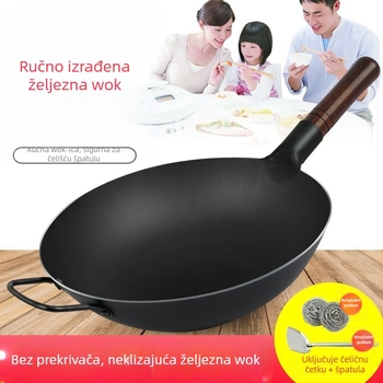 Starohrvatski debeli lijevani wok, kovano, bez premazivanja i s neprijanjivim svojstvima, poklopac od nehrđajućeg čelika sa staklenim prozorom, pogodan za plinski štednjak