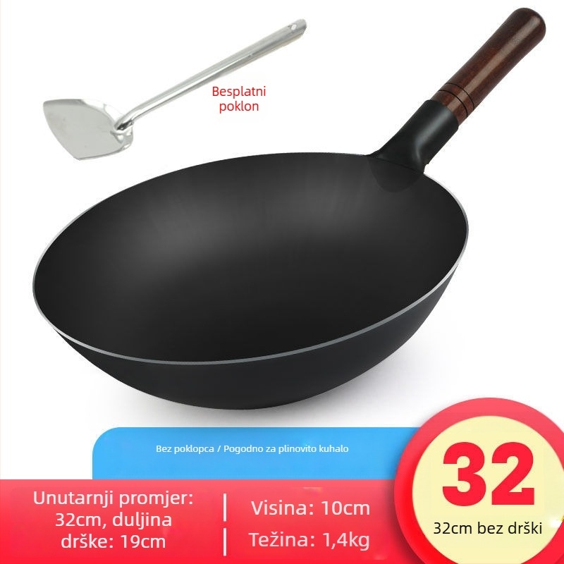 Starohrvatski debeli lijevani wok, kovano, bez premazivanja i s neprijanjivim svojstvima, poklopac od nehrđajućeg čelika sa staklenim prozorom, pogodan za plinski štednjak