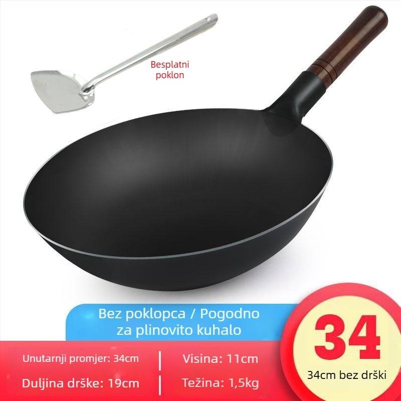 Starohrvatski debeli lijevani wok, kovano, bez premazivanja i s neprijanjivim svojstvima, poklopac od nehrđajućeg čelika sa staklenim prozorom, pogodan za plinski štednjak