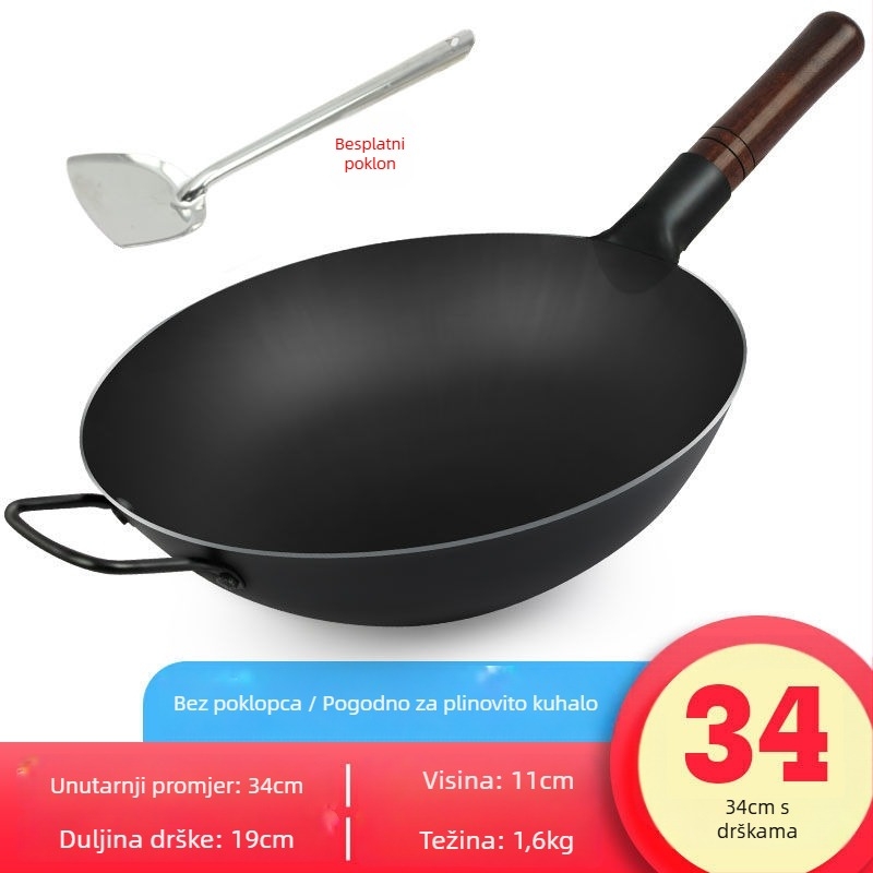 Starohrvatski debeli lijevani wok, kovano, bez premazivanja i s neprijanjivim svojstvima, poklopac od nehrđajućeg čelika sa staklenim prozorom, pogodan za plinski štednjak