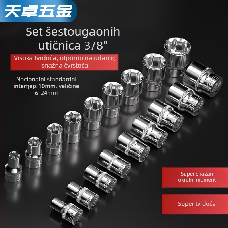 Kratki udarni ključ s šestougaonim glavom, produžni štap i univerzalna spojka; materijal: krom-vanadij čelik; polirani završetak