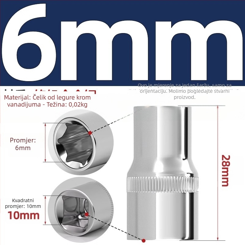Kratki udarni ključ s šestougaonim glavom, produžni štap i univerzalna spojka; materijal: krom-vanadij čelik; polirani završetak