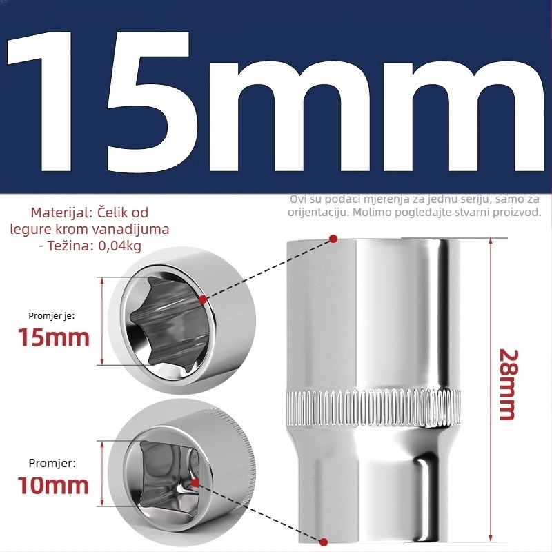 Kratki udarni ključ s šestougaonim glavom, produžni štap i univerzalna spojka; materijal: krom-vanadij čelik; polirani završetak