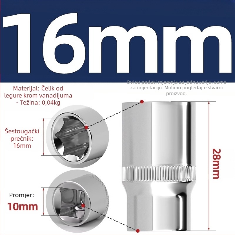 Kratki udarni ključ s šestougaonim glavom, produžni štap i univerzalna spojka; materijal: krom-vanadij čelik; polirani završetak