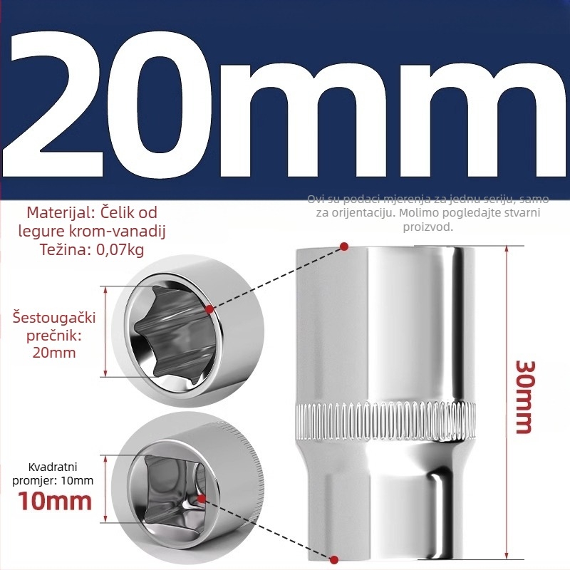 Kratki udarni ključ s šestougaonim glavom, produžni štap i univerzalna spojka; materijal: krom-vanadij čelik; polirani završetak