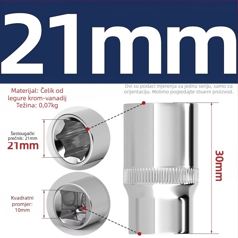 Kratki udarni ključ s šestougaonim glavom, produžni štap i univerzalna spojka; materijal: krom-vanadij čelik; polirani završetak