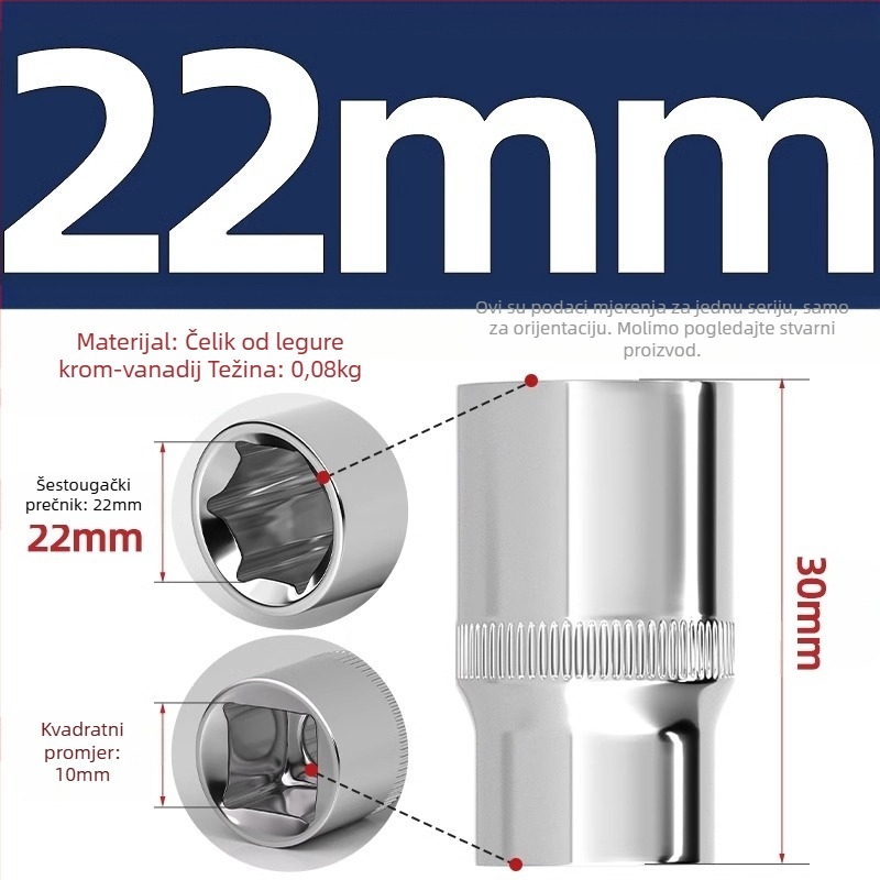 Kratki udarni ključ s šestougaonim glavom, produžni štap i univerzalna spojka; materijal: krom-vanadij čelik; polirani završetak