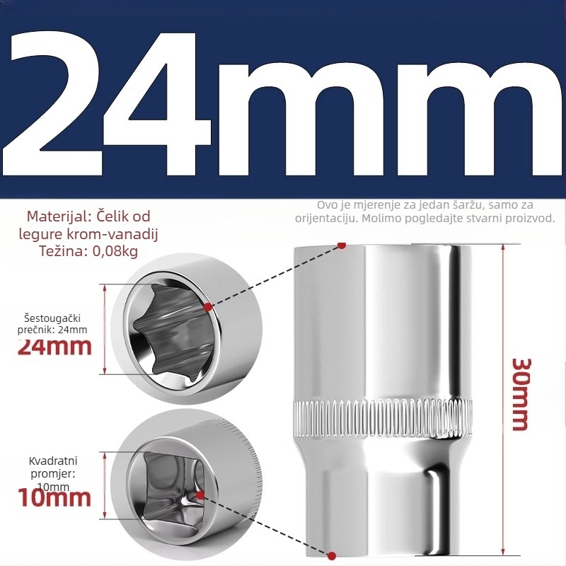 Kratki udarni ključ s šestougaonim glavom, produžni štap i univerzalna spojka; materijal: krom-vanadij čelik; polirani završetak