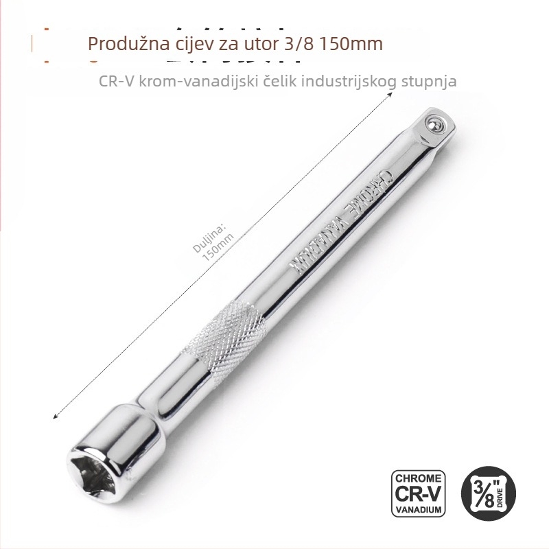 Kratki udarni ključ s šestougaonim glavom, produžni štap i univerzalna spojka; materijal: krom-vanadij čelik; polirani završetak