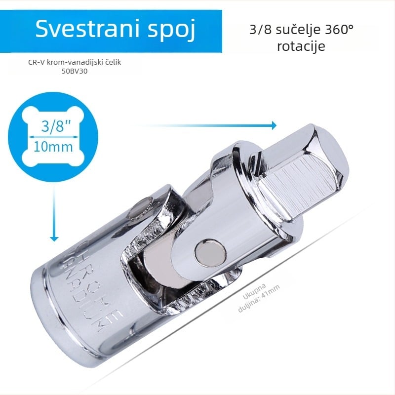 Kratki udarni ključ s šestougaonim glavom, produžni štap i univerzalna spojka; materijal: krom-vanadij čelik; polirani završetak