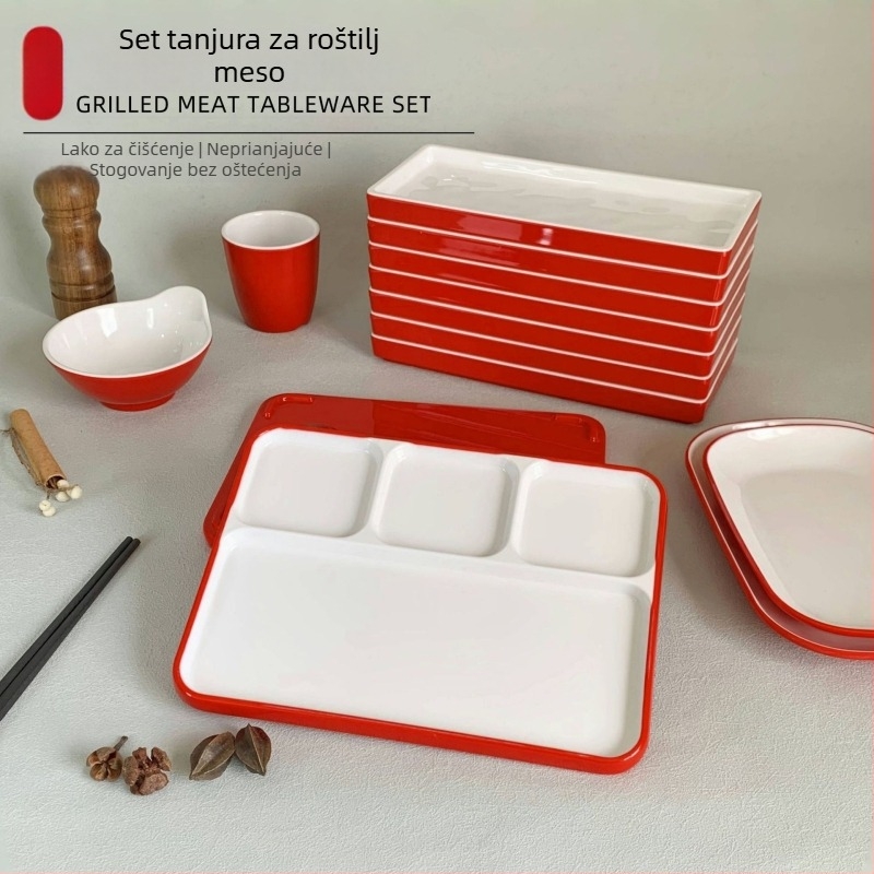 Melamin ploča s razdjelnom za BBQ restoran – nepravilnog oblika, jednofarbni uzorak, mikrovalno prikladna