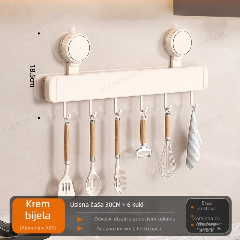 Kuhinjska vješalica za zid s usisnim čašicama, 12 kuka, Space Aluminum + ABS, moderni minimalistički dizajn, nosivost 5–10 kg