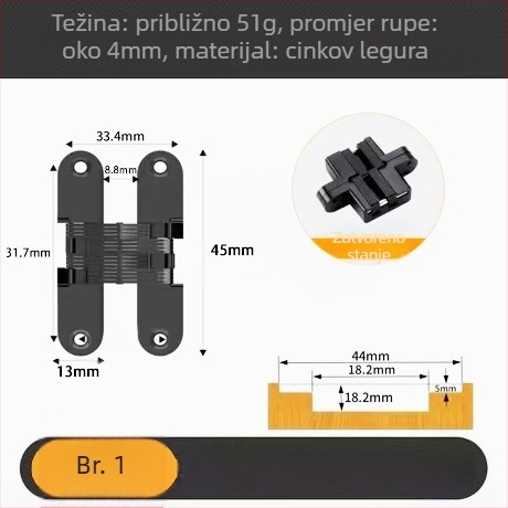 Sand Chrome križni skriveni šarnir, materijal: željezo i legura cinka, debljina 3,5 mm, površinska obrada: elektroplatiranje, Brushed, Polished, Passivation