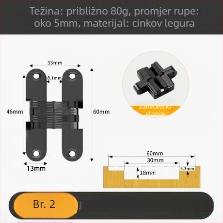 Sand Chrome križni skriveni šarnir, materijal: željezo i legura cinka, debljina 3,5 mm, površinska obrada: elektroplatiranje, Brushed, Polished, Passivation