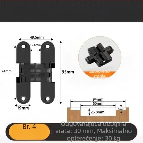 Sand Chrome križni skriveni šarnir, materijal: željezo i legura cinka, debljina 3,5 mm, površinska obrada: elektroplatiranje, Brushed, Polished, Passivation