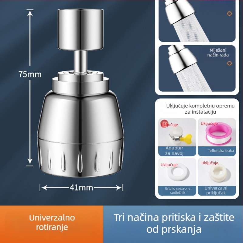 Proširivač slavine za kuhinju, univerzalni okretni izlaz, pod pritiskom, zaštita od prskanja, nehrđajući čelik