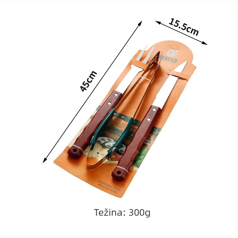 Set alata za roštilj od nehrđajućeg čelika: nož, klip, vilica i lopatica