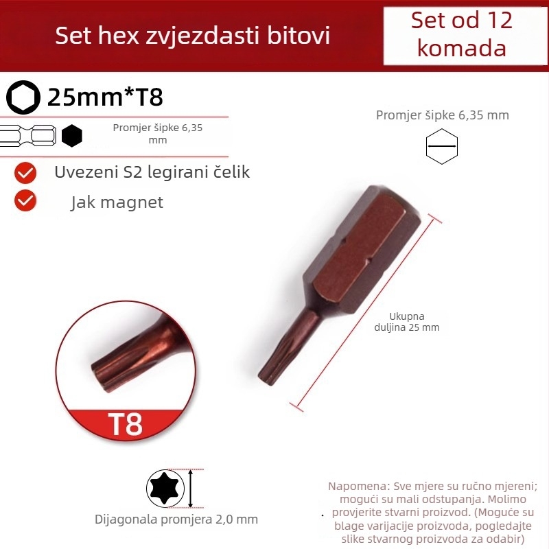 25 mm magnetski šesterokutni zvjezdasti kratki bit za električnu bušilicu, odvijač i pneumatski alat
